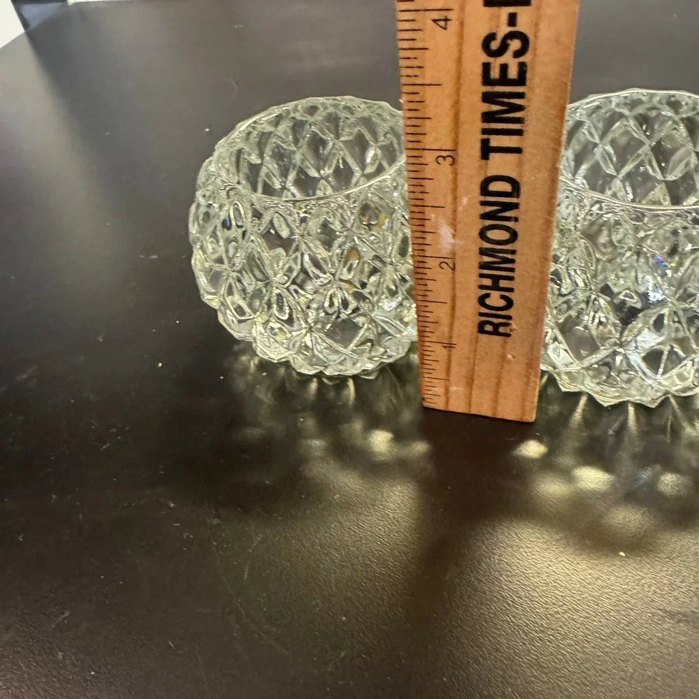 Diamond Point Cut Glass Votive Candle Holders Set of 2 Clear Vintage Style 3in